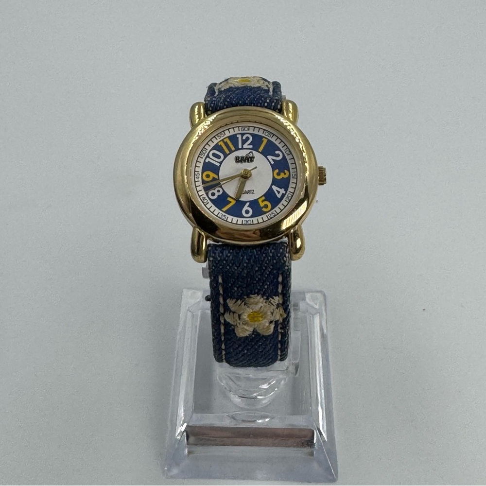 Vintage Brat Kids Blue Jean with Embroidered Flowers Watch Gold Tone Working